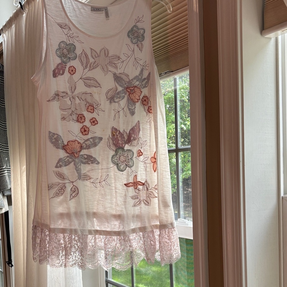 LOGO by Lori Goldstein Floral Embroidered Tank Top with Lace Hem